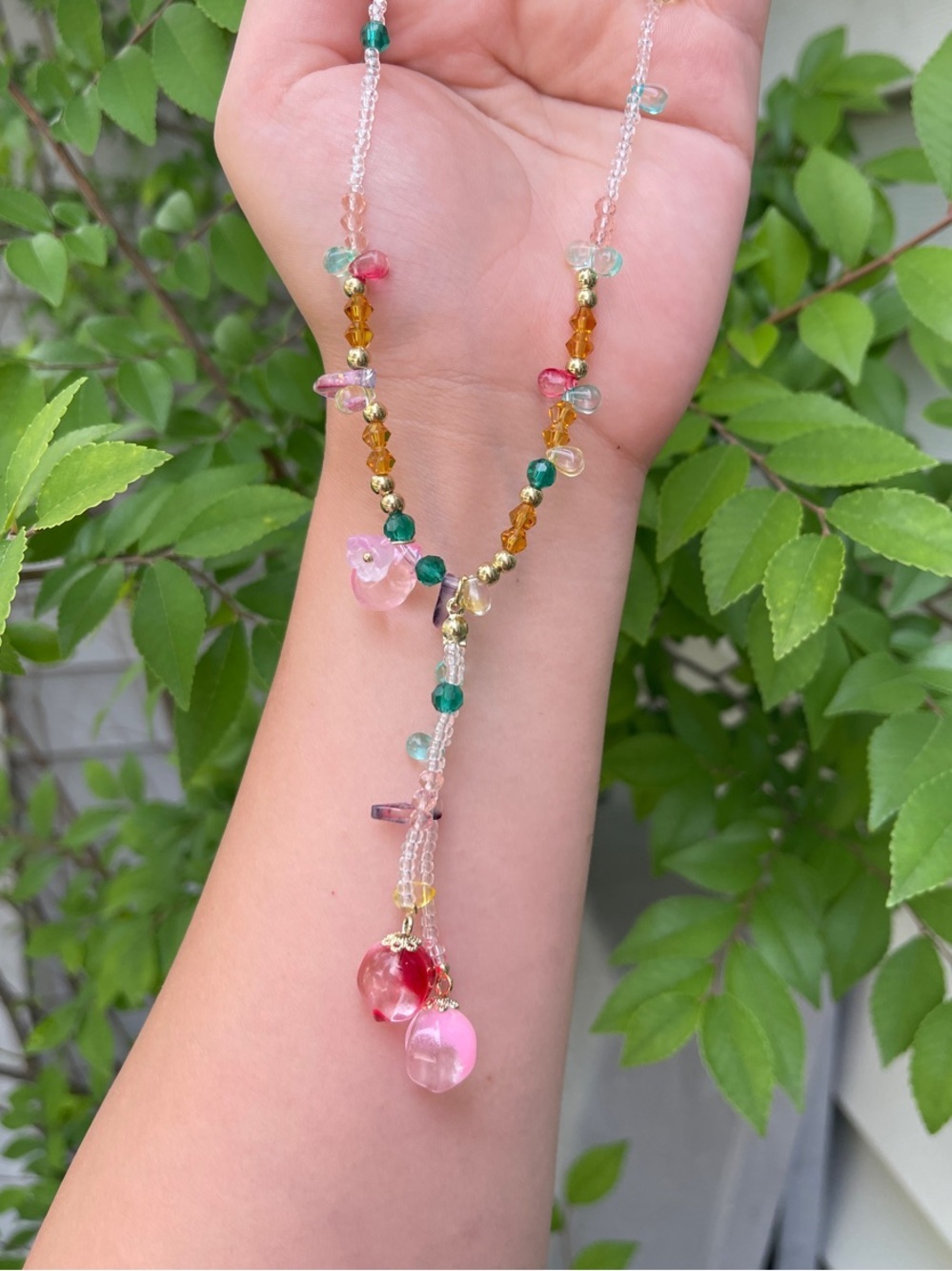 NEW! Handmade Multicolor Glass Bead Lariat Necklace - Pink Accent. 🍓 (A1-42)
